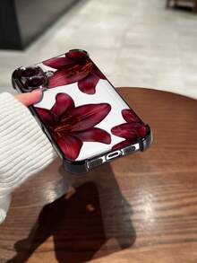 電鍍黑色四角防震手機殼，酒紅百合花紋，透明軟質全包覆 TPU 材質，適用於 iPhone 17 Pro、16e、16 Pro、15 Pro、14、13、12 和 11，簡約時尚防震軟殼，適合個人使用或送禮，可搭配多種手機顏色 - 黑色 - 查看 5
