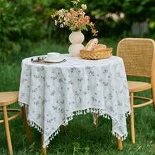 1pc Fresh Green Ditsy Floral Tassel Tablecloth, French Country White Fabric Round Table Cover, Picnic Tablecloth - Multicolor - View 2