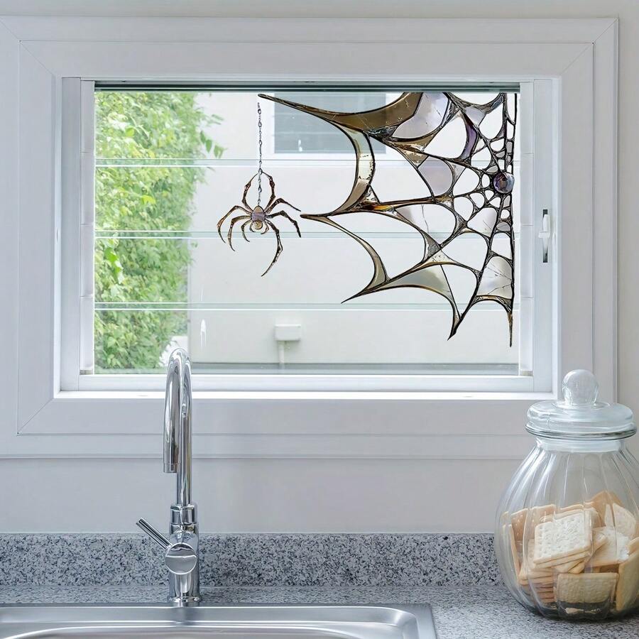 1pc PVC Material Halloween Spider Web Static Glass Sticker, Double-Sided Visible, 20 Lines, Self-Adhesive Decorative Sticker, Suitable For Home Windows - Multicolor - View 1