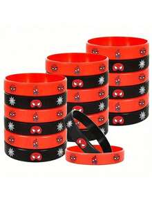 12pcs/Set Silicone Bracelets, Superhero Rubber Bracelets, Red And Black Cartoon Spider Web Pattern Bracelet Set, Birthday Party Gift Bag Filler, Classroom Reward Toys - Multicolor - View 2
