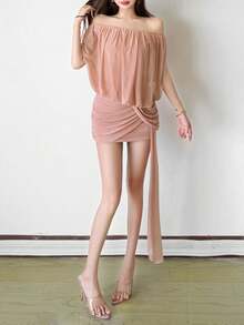 Elegant & Sexy Sleeveless Knitted Bodycon Dress For Women, Off Shoulder Ruched Design, Short Mini Length - Pink - View 5