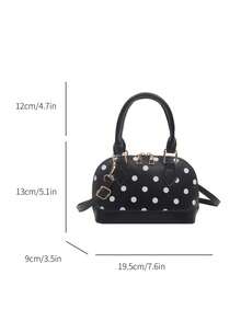 White Polka Dot Mini Shell Handbag, Contrast Color Base, Top Handle, Detachable Adjustable Crossbody Strap, Zipper Closure, Vintage Women's Daily Date Shoulder Bag - Black - View 8