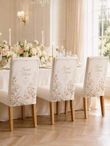 1pc/4pcs/6pcs Ivory Blush Floral Wedding Chair Back Covers, Elegant Polyester Rectangular Dining Chair Covers With Sweet Home Quotes, Rose, Peony, Baby's Breath Patterns And Fancy Borders, Suitable For Reception, Banquet, Ceremony, Bridal Shower And Party Decoration - B - View 1