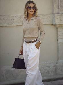 Women's Autumn/Winter Commute Office Workplace Outfit, Ribbed Hem Elegant Social Autumn Sweater - Khaki - View 9