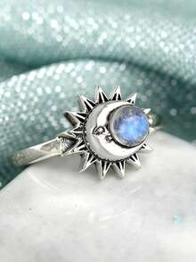 1pc Silver Sun Moon Labradorite Ring, Bohemian Celestial Round Natural Stone Thin Band Women's Ring, No Box - Silver - View 7