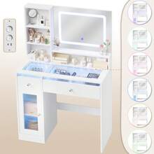 Devoko tocador con espejo LED, iluminación RGB y modo música, tocador con superficie de cristal, cajones, estante abierto, regleta de enchufes, USB/Tipo C y función de temporizador, blanco - Ver 5