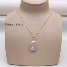 (Natural Pearl, Slight Difference Between Actual Product And Image) Baroque Rectangular Flat High-Quality Luster Freshwater Pearl Pendant, Exclamation Mark Shaped Gold Pendant Holder, Chain And Box Not Included - F - View 7