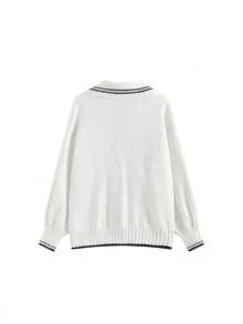 Navy Style Oversized Tie-Front Lapel Knit Wool Cardigan - White - View 7