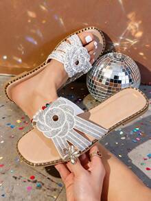 1 Pair Elegant Floral Rhinestone Decor Flat Slippers - Women's Open Toe Lightweight Summer Vacation Beach Sandals - Beige - View 3