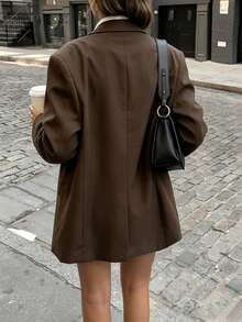 Women's Autumn/Winter Fashion Light Commute High-Quality Oversized Padded Shoulder Cuff Slit Single-Breasted Mid-Length Long Sleeve Blazer Jacket With Lining - Coffee Brown - View 2