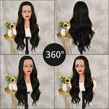 Elegante, lange, schwarze Body-Wave-Spitzenfrontperücke für Damen, 180 % Dichte, 13 x 4 x 1 Zoll, vorgezupfter Haaransatz, kleberfrei, 66 cm lang, hitzebeständig, 180 % Dichte. Ideal für Cosplay, Partys, Alltag, Silvester, Valentinstag und mehr. - Schwarz - Übersicht 8