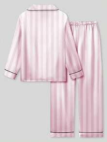Set de 2 piezas de pijama de manga larga a rayas rosas y blancas para niña preadolescente - Multicolor - Ver 2