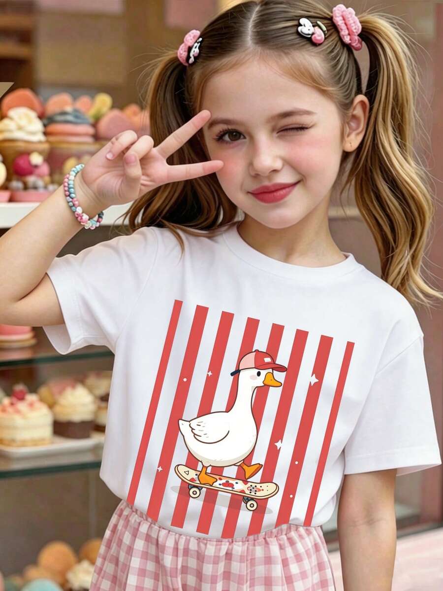 Girls Short Sleeve T-Shirt With Skateboarding Duck Print On Red And White Striped Background - White - View 1