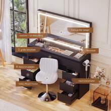 Devoko Modern Vanity Table With Extra Large LED Mirror, 3 Light Colors And Dimmable Brightness, Dressing Table With Glass Top, 9 Drawers, Power Strip And Hair Dryer Holder, White/Black - 查看 8
