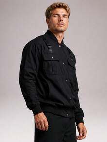 CZRLHYT Men's Tactical Bomber Jacket, Multi Pocket Utility Jacket With Stand Collar, Snap Button Front Long Sleeve Casual Outdoor Work Coat, Black - Black - View 6