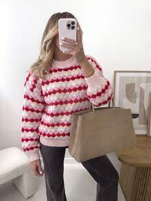 Sweater Pullover Kasual Wanita Warna Pink untuk Musim Gugur/Dingin, Atasan Lengan Panjang Bahu Longgar Rajut Bergaris Warna Blok, Set Pakaian Kembali ke Sekolah Musim Gugur - MultiWarna - View 7