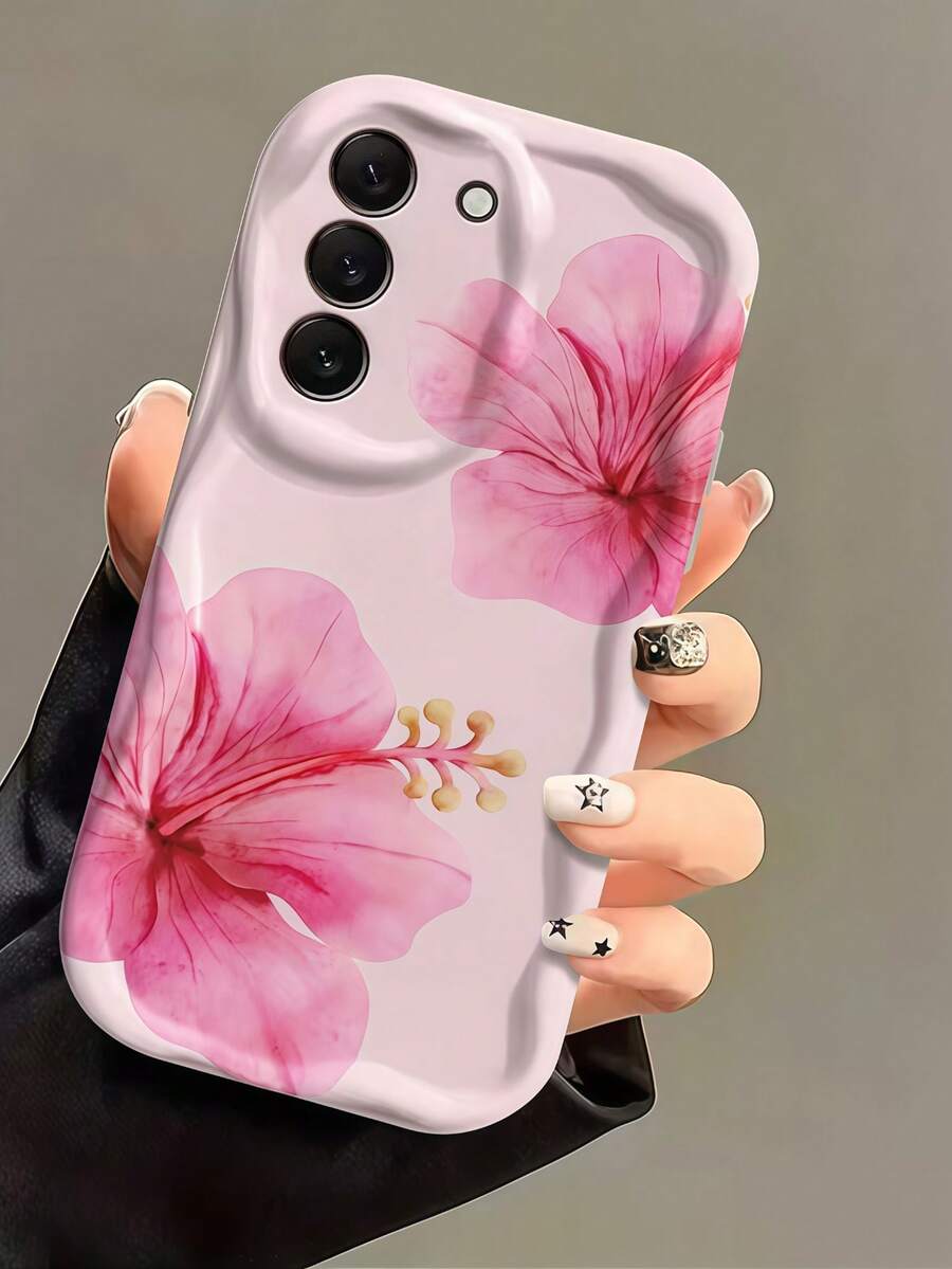 1 buah Casing Ponsel Motif Bunga Besar Minimalis Gaya INS Bergelombang Lembut Warna Pink, Tekstur Gelombang Putih Susu, Cangkang Lembut Pelindung Kamera Penuh, Kompatibel dengan Ponsel Seri 1 - Putih - View 1