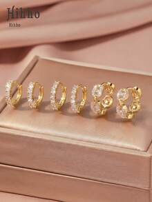 Hihho 6pcs Multi-Style Full Cubic Zirconia Gold Ear Cuff Set, Light Luxury Fashion Earrings With Teardrop, Rhinestone Chain, Geometric Patchwork Shapes, Minimalist Silhouette With Diamond Details, Combining Minimalist Sophistication And Sparkling Layered Texture, Versatile For Commuting, Daily, Workplace, And Light Social Occasions - Gold - View 3