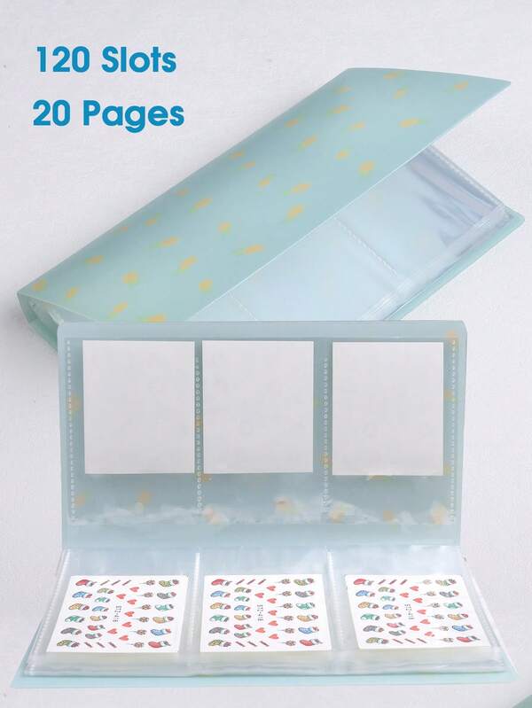 Libro de almacenamiento de pegatinas de arte de uñas con 120 ranuras y cubierta azul, álbum vacío de 20 páginas para coleccionar pequeñas calcomanías de agua, organizador y soporte de exhibición para herramientas de manicura