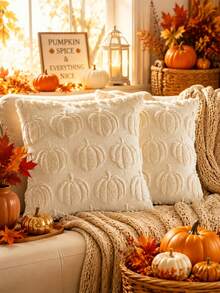 1/2Pcs Fall Pumpkin Throw Pillow Covers, Soft Suede Jacquard Cushion Covers With Hidden Zipper, Beige Base Orange Pumpkin Jacquard Pattern, 18*18 Inches, Farmhouse Harvest Decor For Sofa Bed, Halloween Thanksgiving Christmas Holiday Home Decor - Burnt Orange - View 9