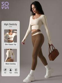 Setelan Celana Panjang Lengan Panjang Cepat Kering dengan Blok Warna Terbaru dari Soyun, Cocok untuk Santai Sehari-hari, Yoga Kebugaran, dan Aktivitas Luar Ruangan - Putih - View 1