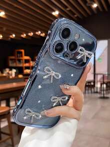 Luxury Cute Glitter Rhinestone Bow Camera Protection Phone Case Compatible With Iphone 17 Pro Max 17 Pro 17 16 Pro Max 16 Pro 16 15 Pro Max 15 Pro 15 14 13 17 Air Girls Women Wavy Edge Soft Shell Gift - Blue - View 12
