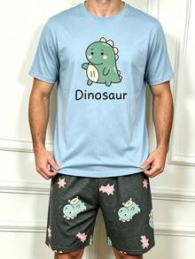 Men's Summer Cartoon Dinosaur Print Short Sleeve & Shorts Pajama Set - Multicolor - View 4