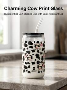 Meoky 16oz Glass Cup, Cow Print, High Borosilicate Glass Jar-Shaped Cup. Multi-Functional Kitchenware, Suitable For Home Hospitality, School Lunch Box And Office Coffee. Charming Everyday Cup And Party Favor. - Black Lid Black and White Cow - View 3
