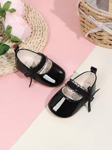 1 Pair Girls Solid Color Bow PU Hook & Loop Design Soft Sole Non-Slip 0-18 Months Infant Shoes Elegant Princess Style Shoes Suitable For Spring & Autumn - Black - View 4