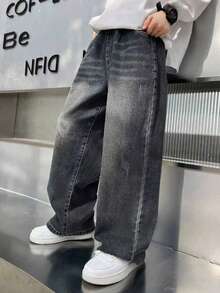 Tween Boy Wide Leg Loose Casual Versatile Denim Jeans With Pockets - Black - View 1