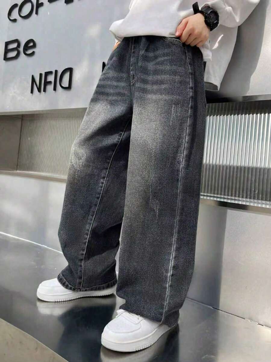 Tween Boy Wide Leg Loose Casual Versatile Denim Jeans With Pockets - Black - View 1