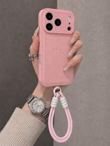 Personalized Custom (2-Piece Set) Luxury Lychee Texture Letter Embossed Wrist Strap Phone Case, Luxury Minimalist Outdoor Portable Strap Lanyard Faux PU Leather Phone Case, Compatible With Apple 17 16 15 14 13 12 11 Pro Max 14 15 16 Plus 17 Air Hot Stamping Letters All-Inclusive Protective Cover Stylish Phone Cover DIY Gift, Phone Accessory - Orange - View 5