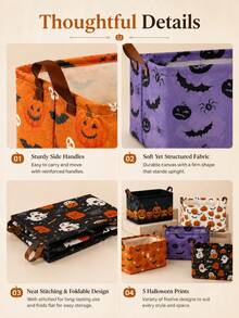 Halloween Style, Rectangular Pumpkin Bat Print, Dual Handle Storage Organizer Bin For Toys Blankets Books, Home Party Living Room Autumn Season. - Multicolor - View 8