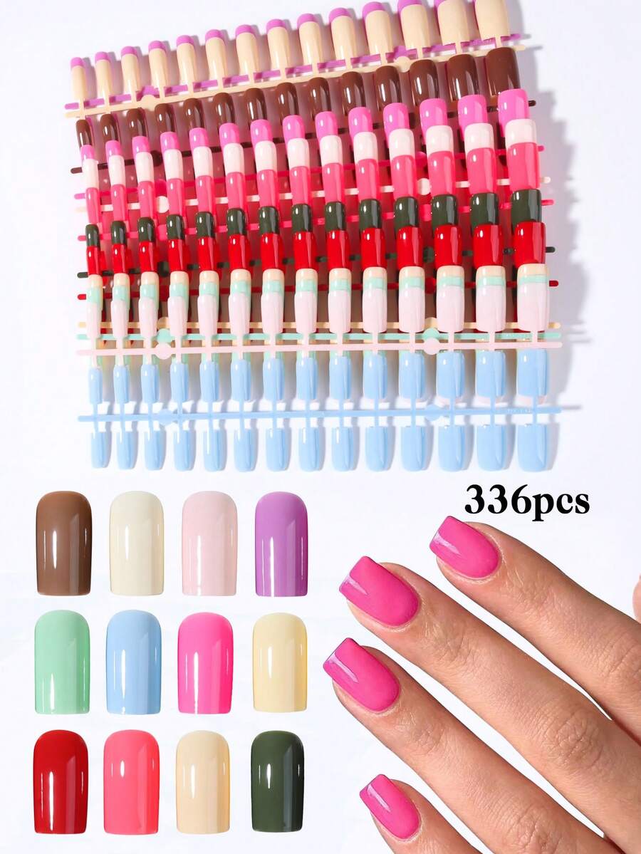 336pcs (12 Colors) Medium Square Solid Color Press-On Nail Tips, Brown, Light Brown, Khaki, Camel, Short Acrylic Fake Nails Set, Suitable For Women And Girls For Daily Work, Holiday Parties And Other Occasions - Multicolor - View 1