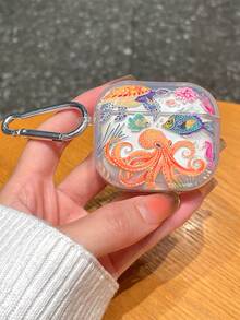 1個紅色章魚海龜熱帶魚海馬珊瑚海洋生物印花透明全包覆藍牙耳機保護殼，Ins夏季海灘度假清新療癒氛圍，清爽俏皮海洋風防塵防震防刮軟殼，附銀色便攜掛鉤夾；適用於情人節、母親節、復活節、兒童節、開學季、感恩節、萬聖節、聖誕節 - 彩色 - 查看 5