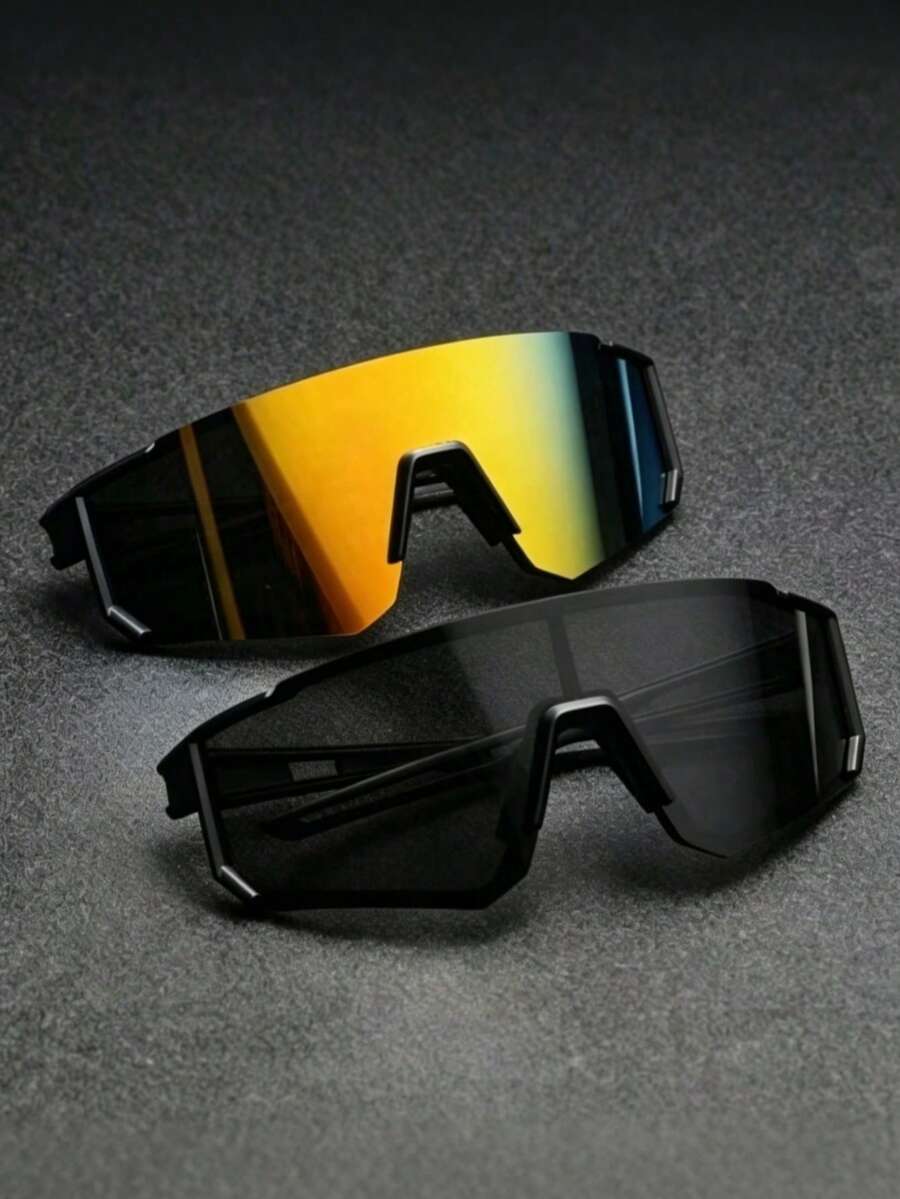 2pcs Men's Plastic Sports Cycling Wrap-Around Y2K Decorative Fashion Glasses For Daily Wear, Photography, Shopping, Cycling, Skiing - Black - View 1