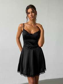 Women's Summer Black Lace Satin Spaghetti Strap Dress, Suitable For Carnival, Date, Party, Gathering, Travel, Vacation, Beach And Other Occasions - Black - View 2