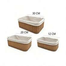 3pcs Woven Storage Baskets With Removable Fabric Liners, Natural Bamboo Rattan Appearance, Kitchen Storage Boxes, Wardrobe Organizer Baskets, Woven Baskets, Multi-Purpose Decorative Storage Boxes, Suitable For Bathroom, Bedroom, Cabinet, Drawer, Wardrobe, Office And More. - View 6
