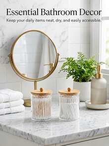 Set Penyimpanan Kamar Mandi Transparan 1/2/3/4 buah (Dengan Tutup dan Baki Bambu) – Wadah Penyimpanan Cotton Bud, Tusuk Benang Gigi, dan Bola Kapas – Cocok untuk Meja dan Wastafel Kamar Mandi - beraneka warna - View 6