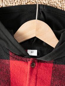 Tween Boy Kids Casual Versatile Red & Black Plaid Letter Patchwork Hooded Jacket, Suitable For Holidays, Travel, Vacation, Parties And Other Activities - Red - View 5