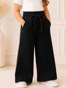 Blogueirinha Children's Wide Leg Pants In Ribbed Cotton Fabric With Pocket, Comfortable And Soft - Negro - Ver 3