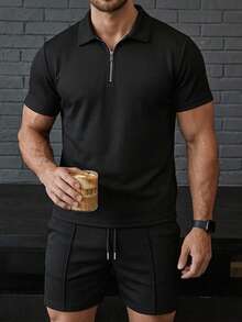 DAZY Men's 2-Piece Set, Classic Zip Lapel Short Sleeve Polo Shirt Made Of Waffle Fabric + Shorts - Black - View 2