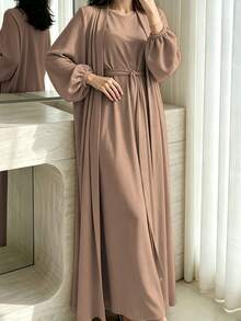 1 Set Soft Muslim 3-Piece Abaya Dress Inner Layer + Cardigan + Belt Classic Versatile Style - Multicolor - View 15