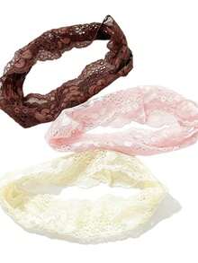3pcs Women's European & American Style Solid Color Embroidered Lace Elegant Fashion Breathable Comfortable Lightweight Decorative Headbands, Suitable For Daily Commute, Outfit Matching, Shopping, Travel, Photography, Exquisite Gift For Best Friends - Rice Flour Brown Three-piece Set - View 5