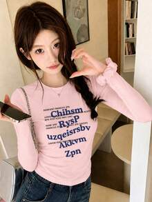 女款美式復古修身顯瘦圓領短版長袖T恤，極簡字母印花，粉色休閒上衣 - 粉色 - 查看 4