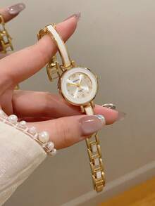 1pc Minimalist Thin Strap Fashion Elegant Gold Color Wristwatch For Women, Suitable For Daily Decoration - Gold - View 1