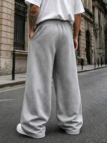 Men's Plus Size Solid Color Sports Casual Knit Sweatpants, Street Retro Drawstring Straight Leg Pants, Versatile - Light Grey - View 2