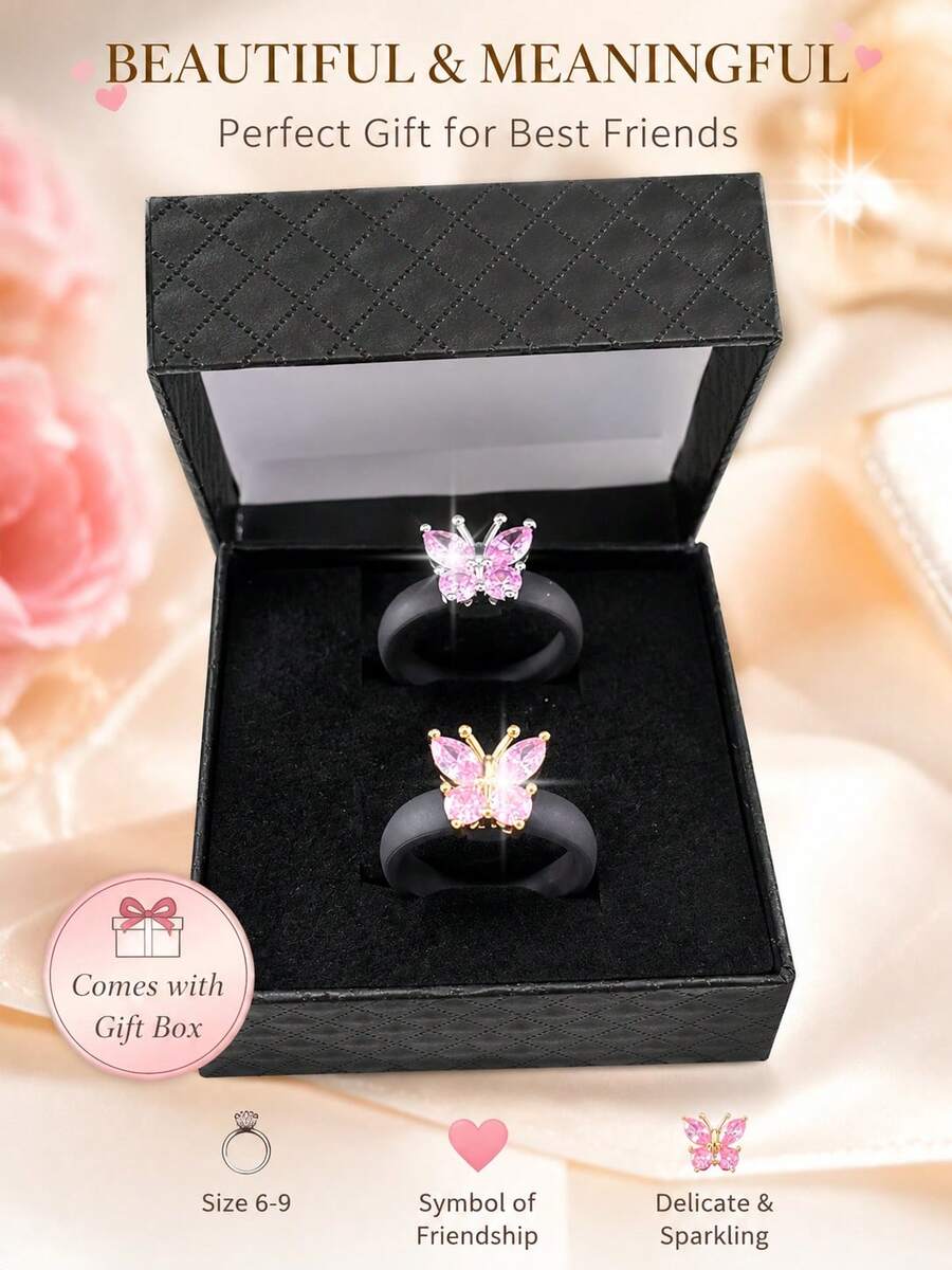 2Pcs Pink Butterfly Cubic Zirconia Silicone Ring Set With Gift Box US Size 6-9 BFF Friendship Matching Rings - Silicone Ring Gift Box - View 1