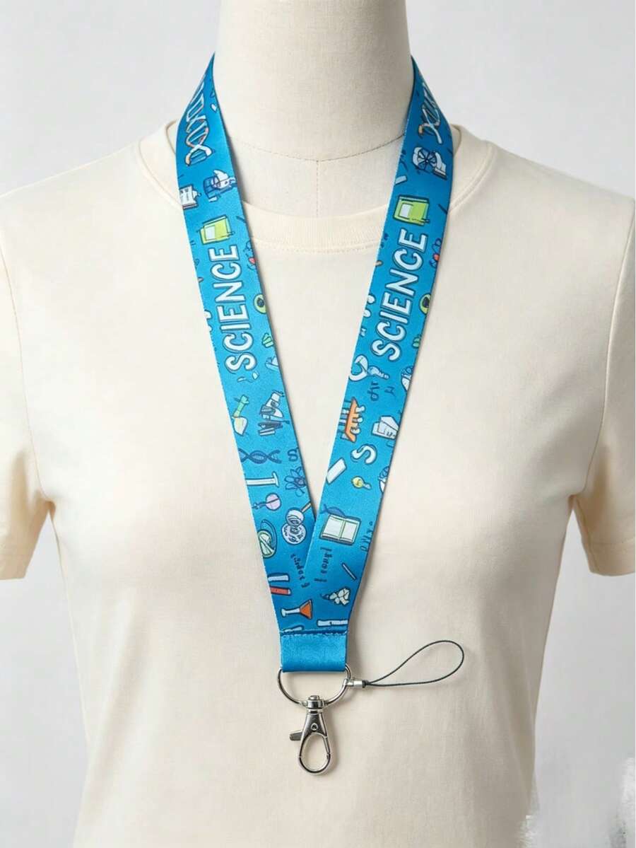 1pc Cartoon Chemistry Experiment Print Lanyard Creative Science Student ID Card Holder Strap With Laboratory Elements For Phone And Keys Long Lanyard - Blue - View 1