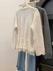 Cute Women's Pearl Decorated Knitted Cardigan, Tie Waist Ruffle Hem Sweater Top Suitable For Coffee Dates And New Year Outfits - White - View 8